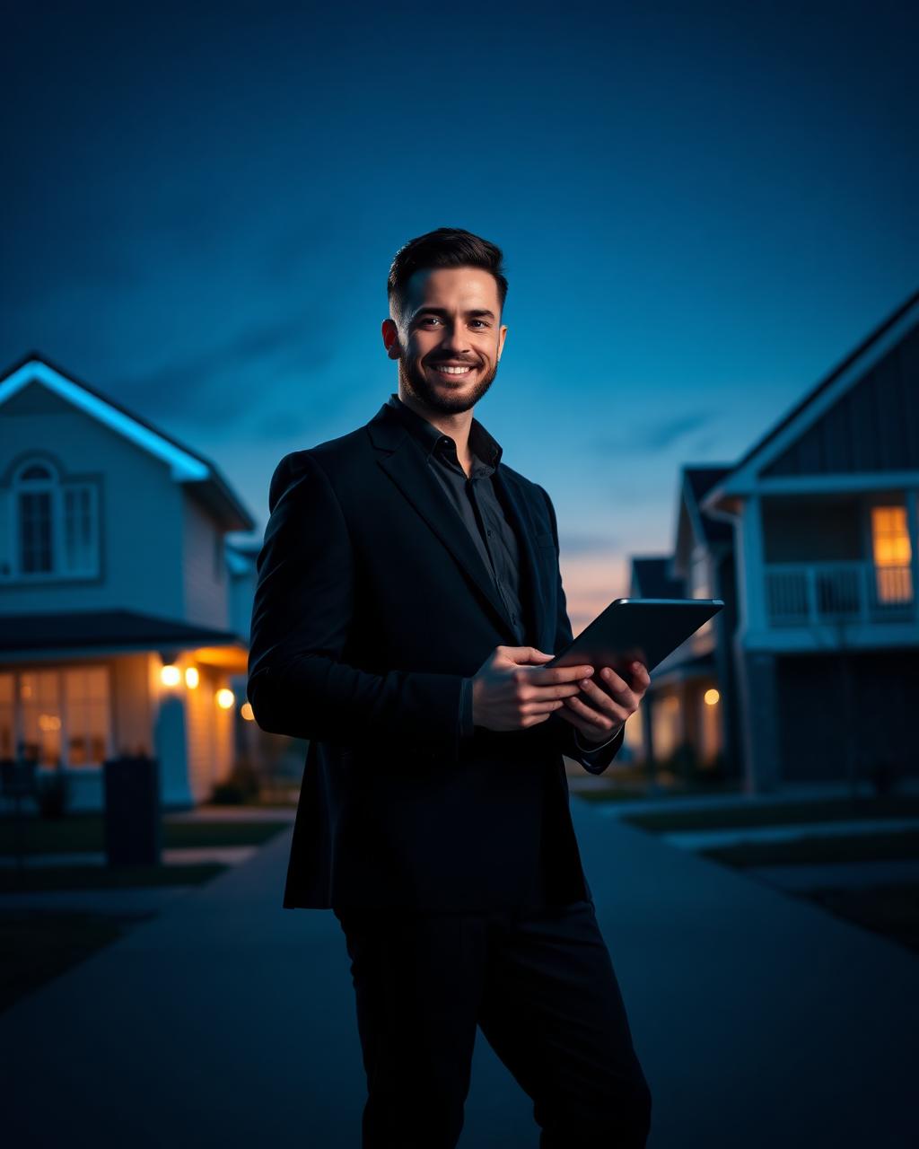 Referring Luxara agent with a tablet in a new-home community at dusk